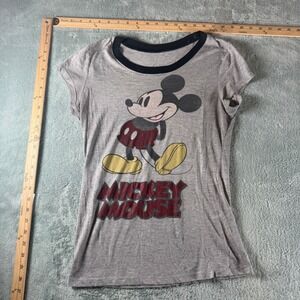 Disney Mickey Mouse Ringer Graphic T-Shirt Gray Black Crew Neck Short Sleeve